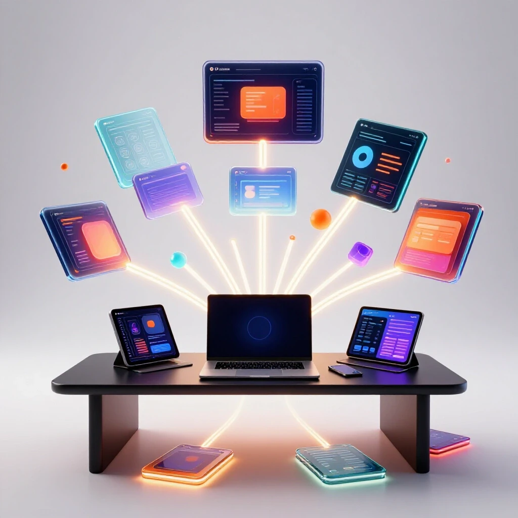 A modern designer's desk with glowing digital devices and interconnected portfolio pieces, surrounded by vibrant 3D creative tools on a bright white background.