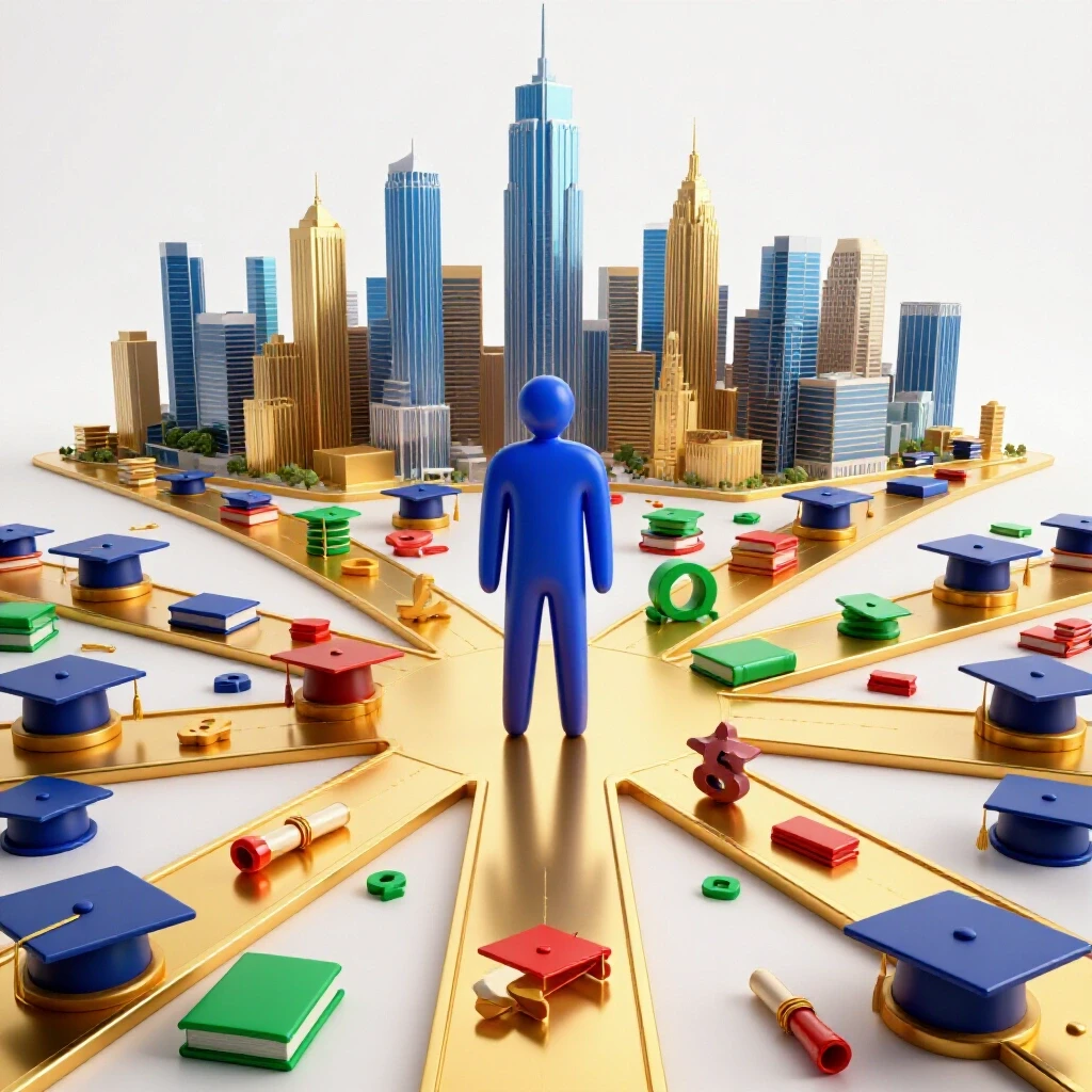 Abstract figure stands at the center of golden paths lined with academic icons, leading to a shining city skyline.
