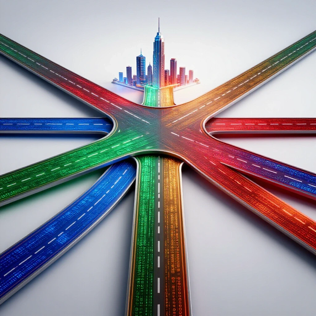 Futuristic digital crossroads with vibrant code-patterned paths leading to a glowing city skyline ahead.