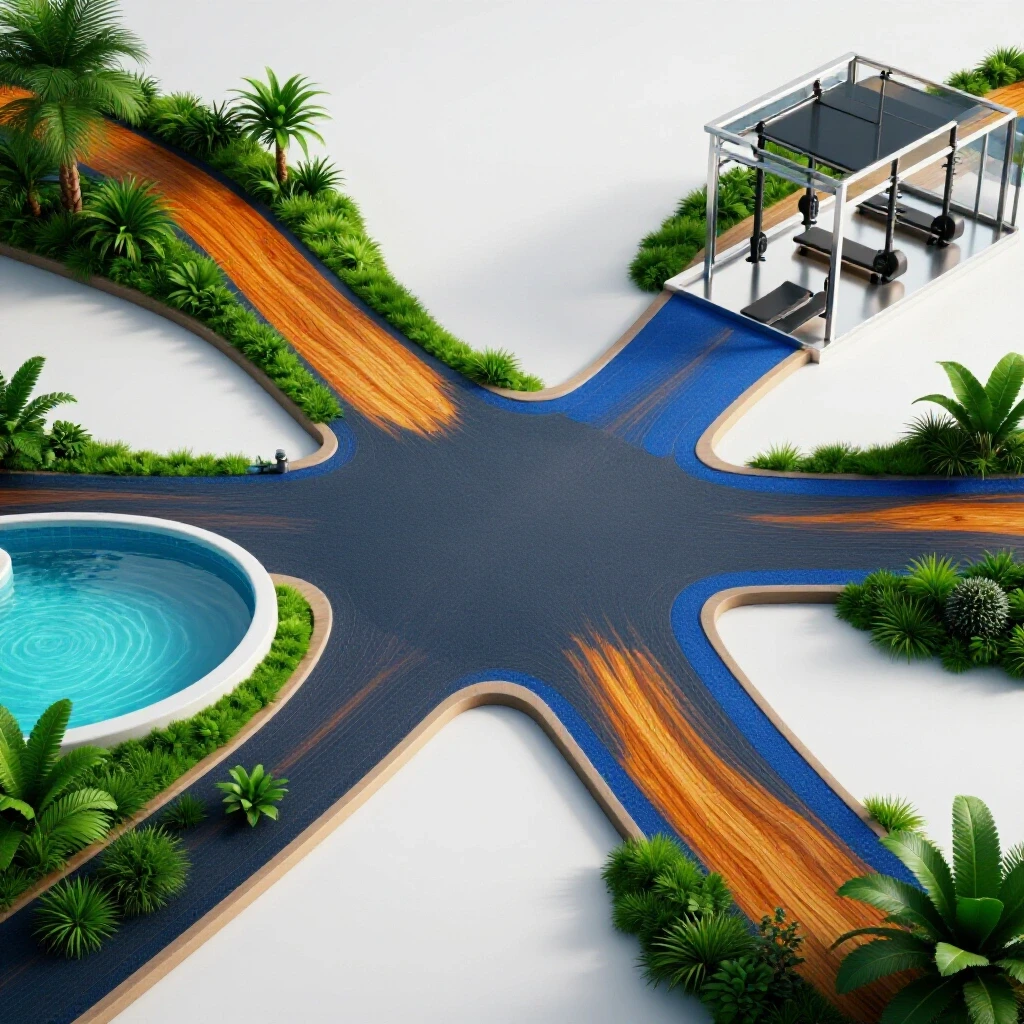 Central crossroads with lush pathways leading to a spa, fitness studio, and nature retreat under bright light.