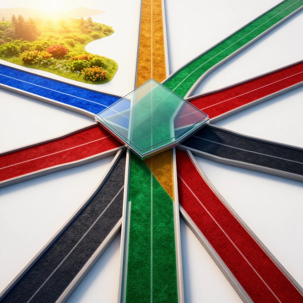 Vivid crossroads of richly colored paths branching toward bright, sunlit environments symbolizing diverse wellness career opportunities.
