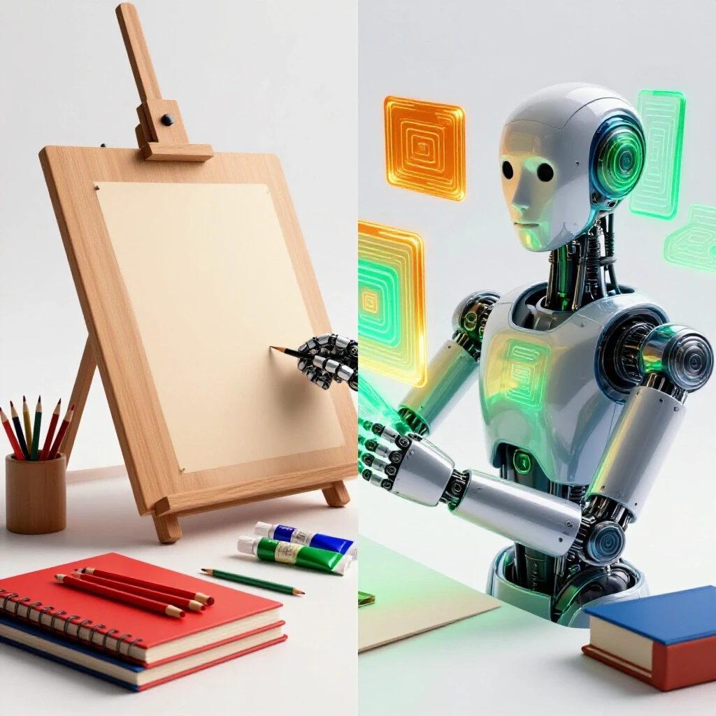 Split scene showing an artist’s desk with traditional tools beside a futuristic robot creating digital designs.