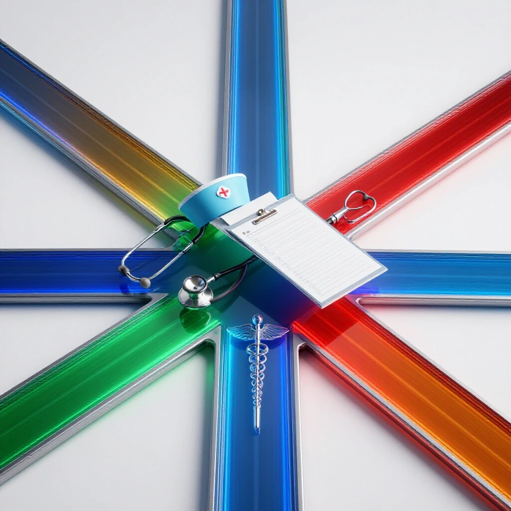 Bright crossroads with vivid objects symbolizing medical careers, branching to futuristic healthcare paths.