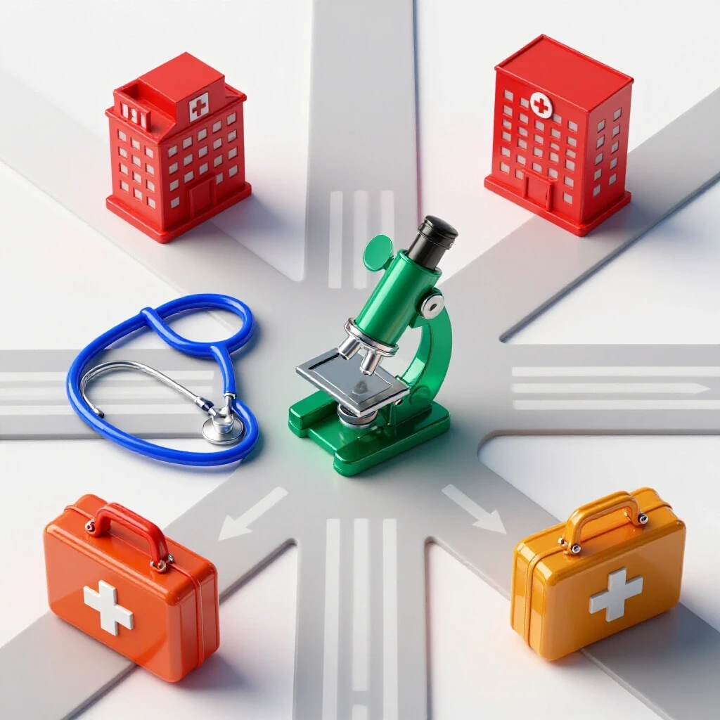 Glossy symbolic objects for healthcare careers—stethoscope, microscope, hospital, first aid kit—at bright crossroads