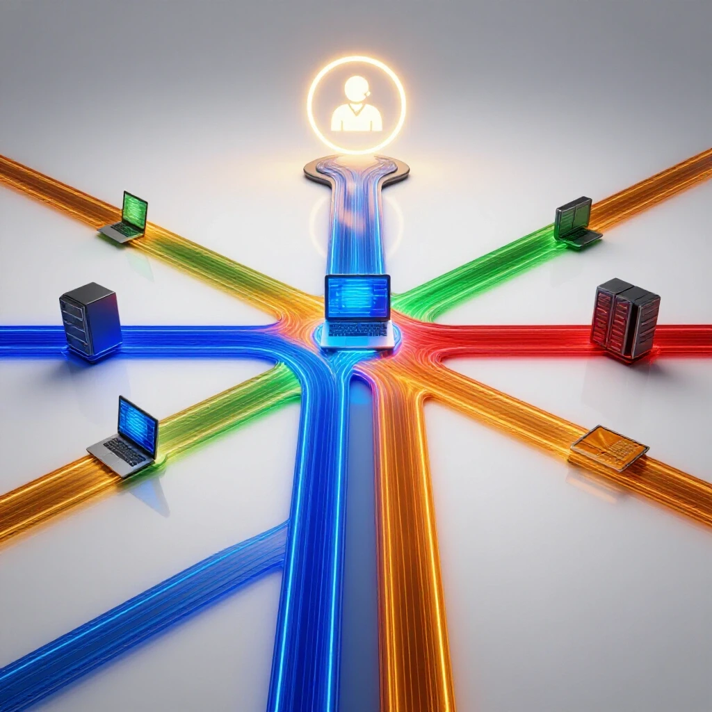 Interconnected digital devices at a crossroads with glowing pathways leading to an illuminated help desk icon.