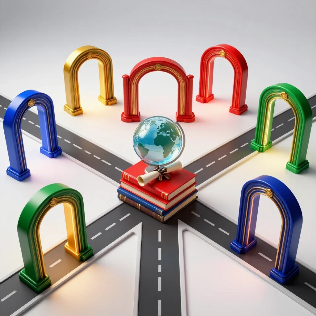 Colorful gateways at a bright crossroads with books, diploma, and globe symbolizing immigration career paths