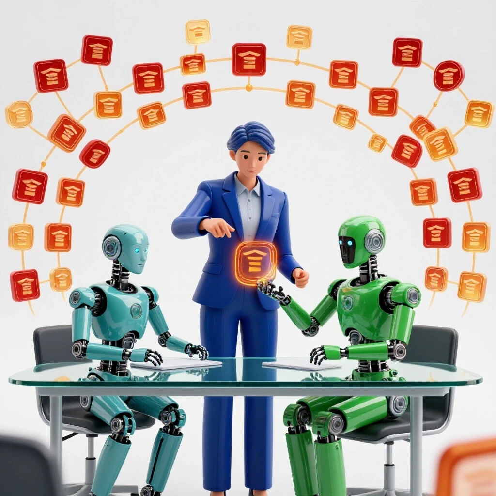 Futuristic classroom with AI robot and human educator designing digital learning pathways together