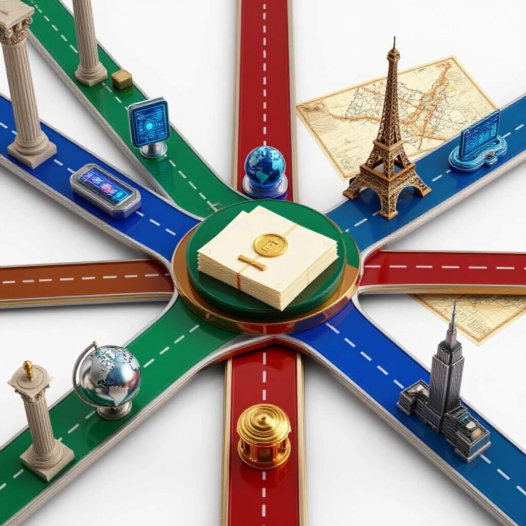 Central crossroads with branching paths marked by global symbols and landmarks, contrasting tradition and innovation