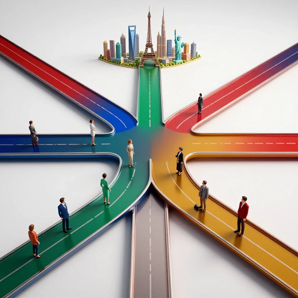 Glossy, colorful crossroads with global attire and skylines, symbolizing diverse international career paths