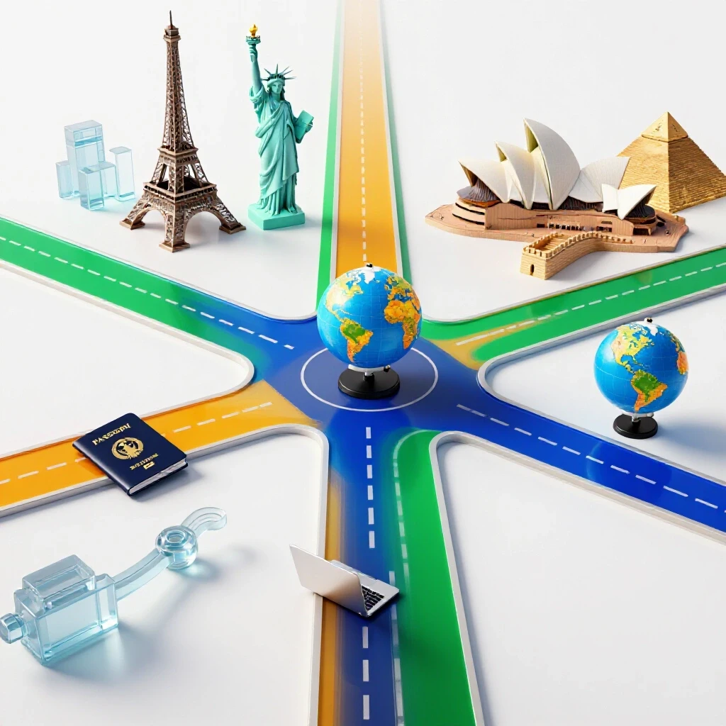 Bold 3D crossroads of vivid global symbols with passports, laptop, and globe amid iconic landmarks