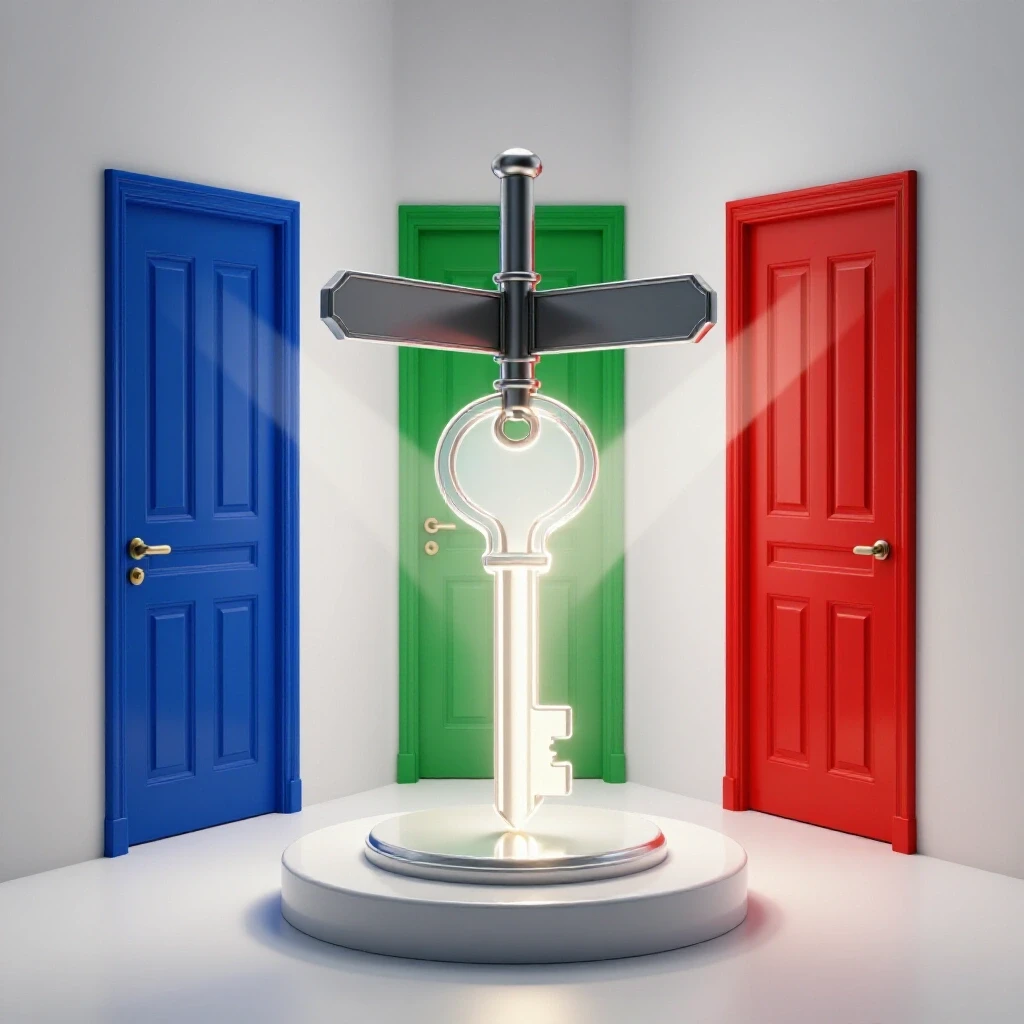 A metallic signpost and glowing key at a crossroads with three vivid colored doors radiating opportunity on a bright background.