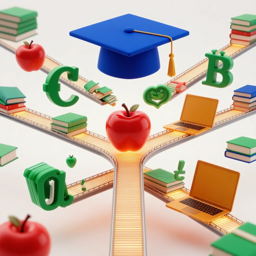 Vivid academic symbols and glowing pathways connected in a bright school-inspired scene, rich in color contrast.