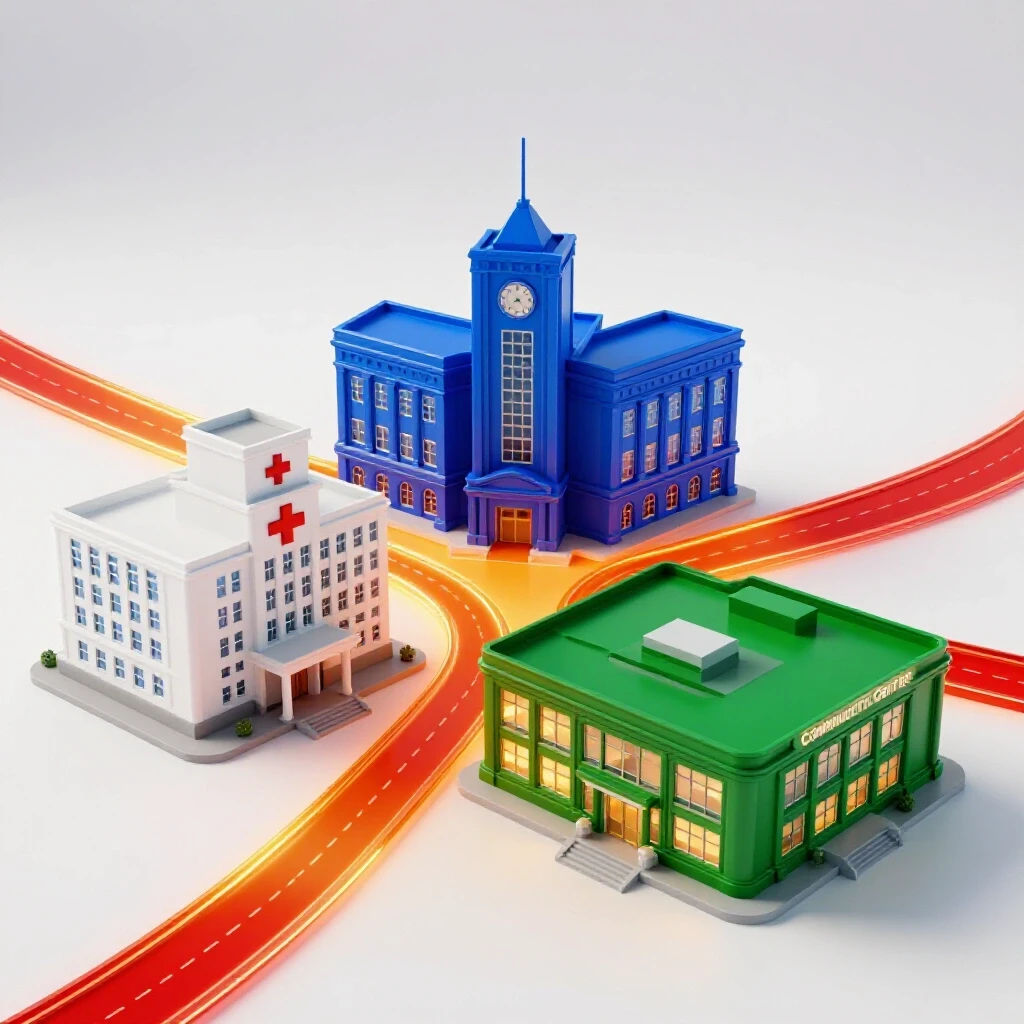 Cluster of hospital, school, and community center buildings interconnected by glowing pathways on a bright background.