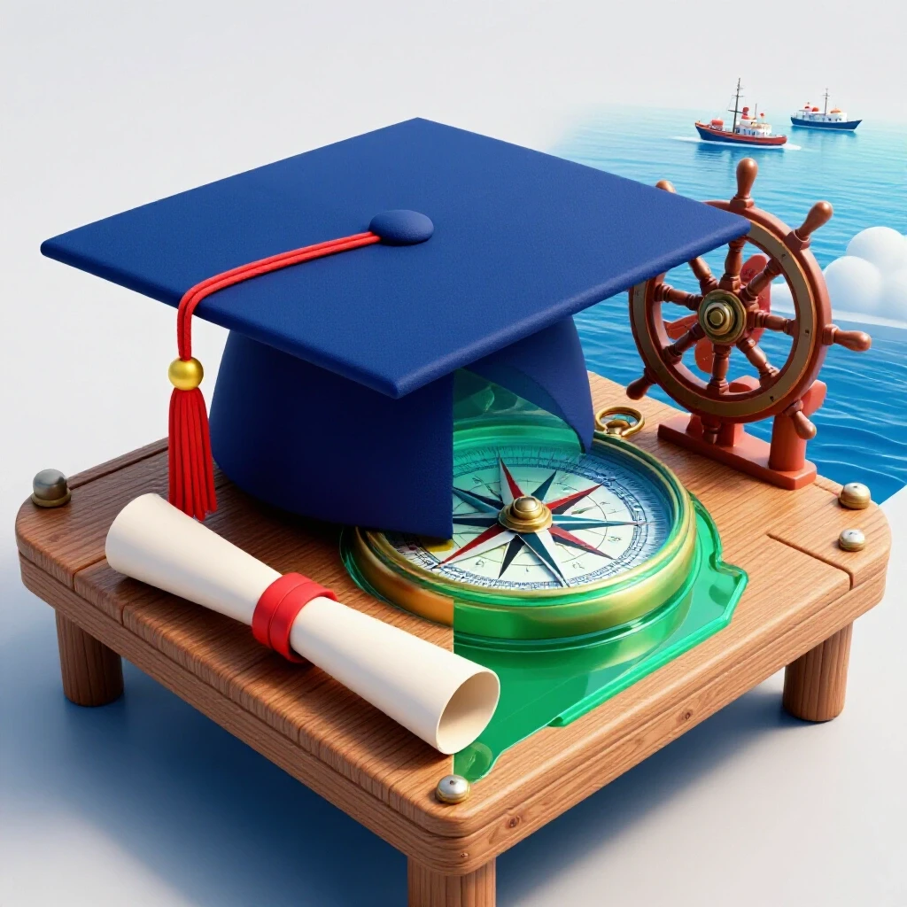 Dramatic split scene of graduation symbols on a dock contrasted with maritime ships and equipment by the ocean.