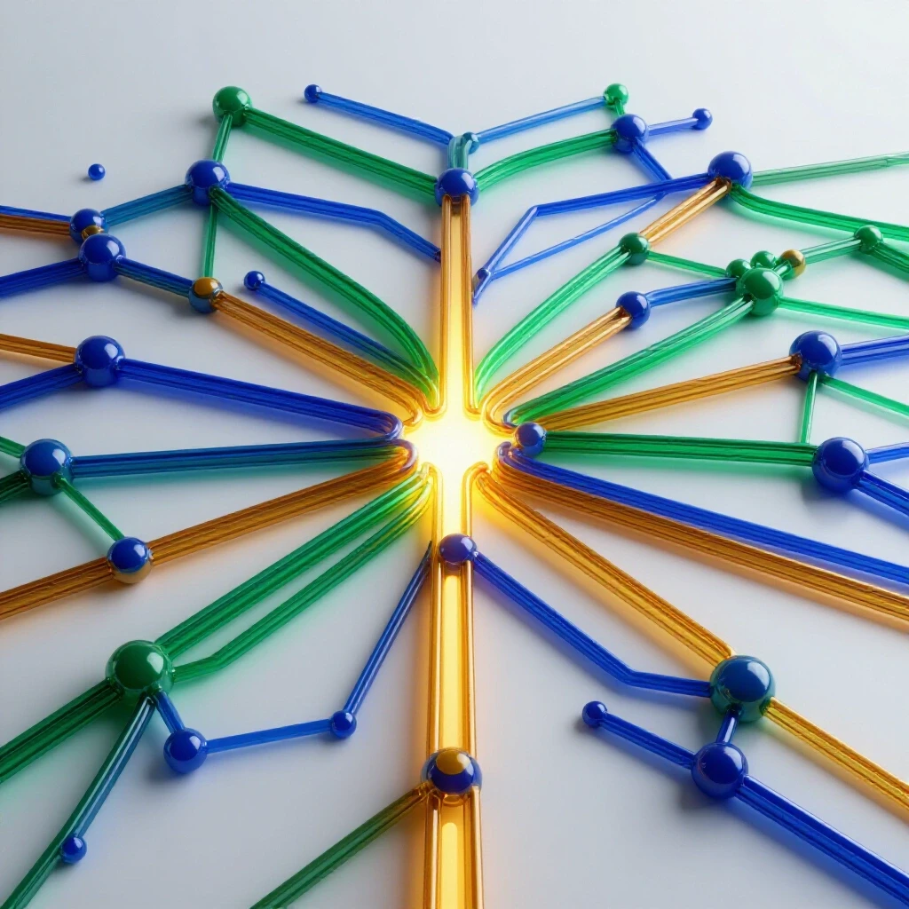A luminous network of glowing, interconnected colored nodes with one highlighted pathway at the center on a bright background.