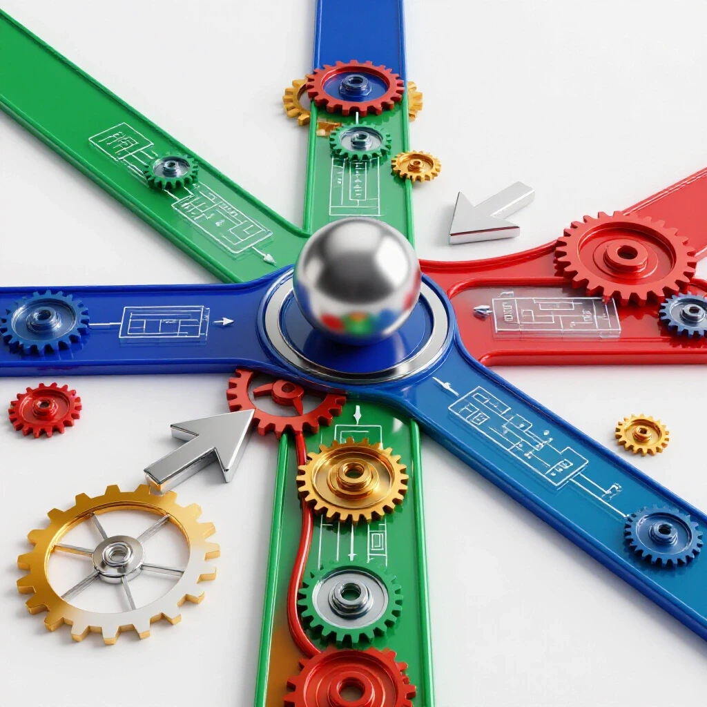 Dynamic crossroads with colorful gears, flowcharts, and branching paths symbolizing operations career choices.