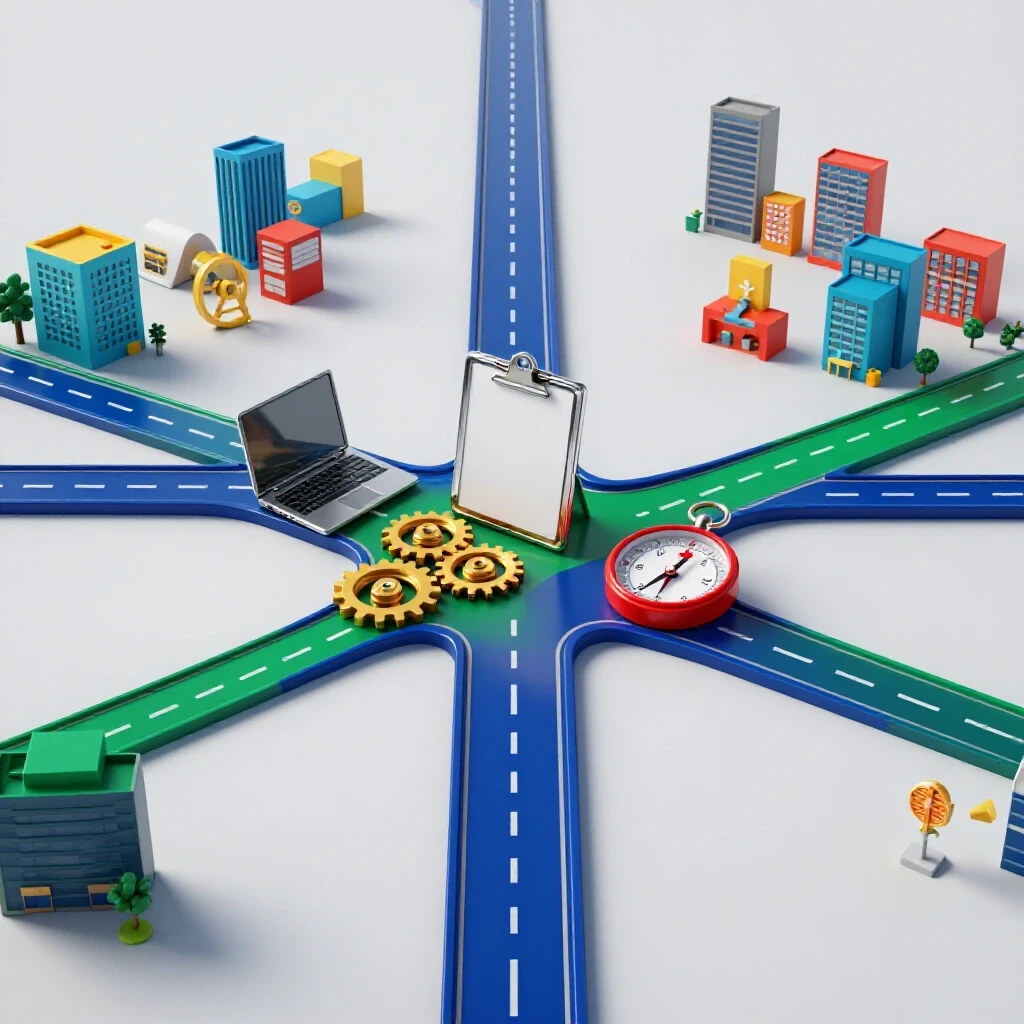 Glossy crossroads with symbolic objects like clipboard, laptop, and gears branching toward vibrant workplaces.