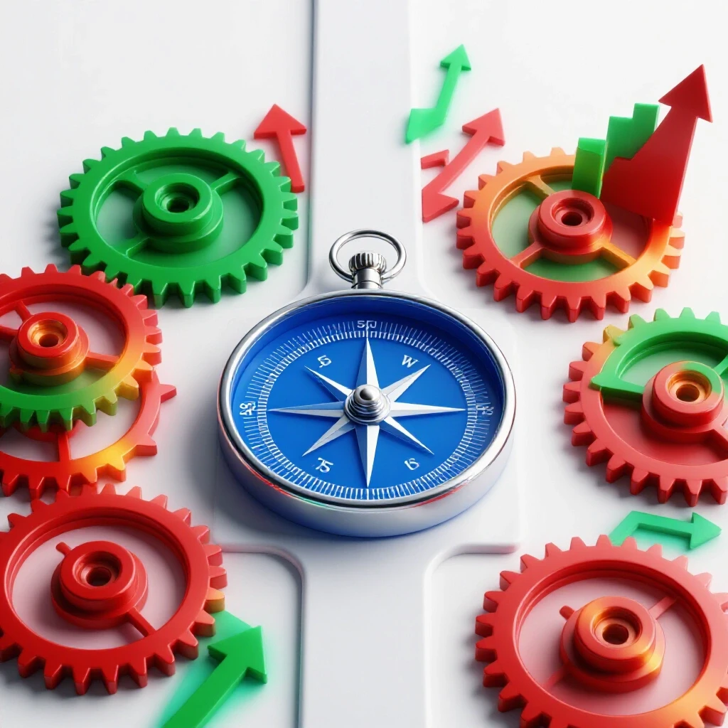Glossy compass with interconnected gears and vibrant upward graphs at a crossroads, bright studio setting