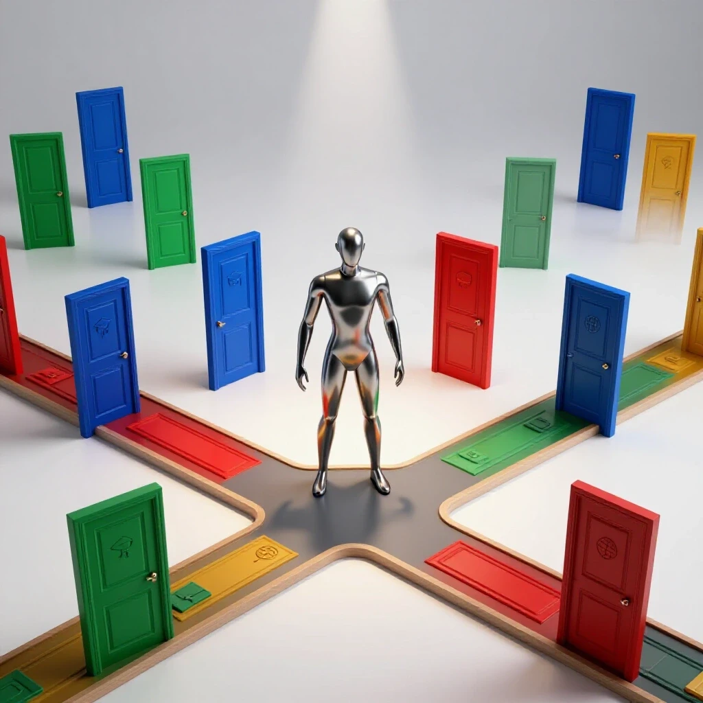 Glossy figure at crossroads with vibrant colored doors symbolizing diverse public relations career paths