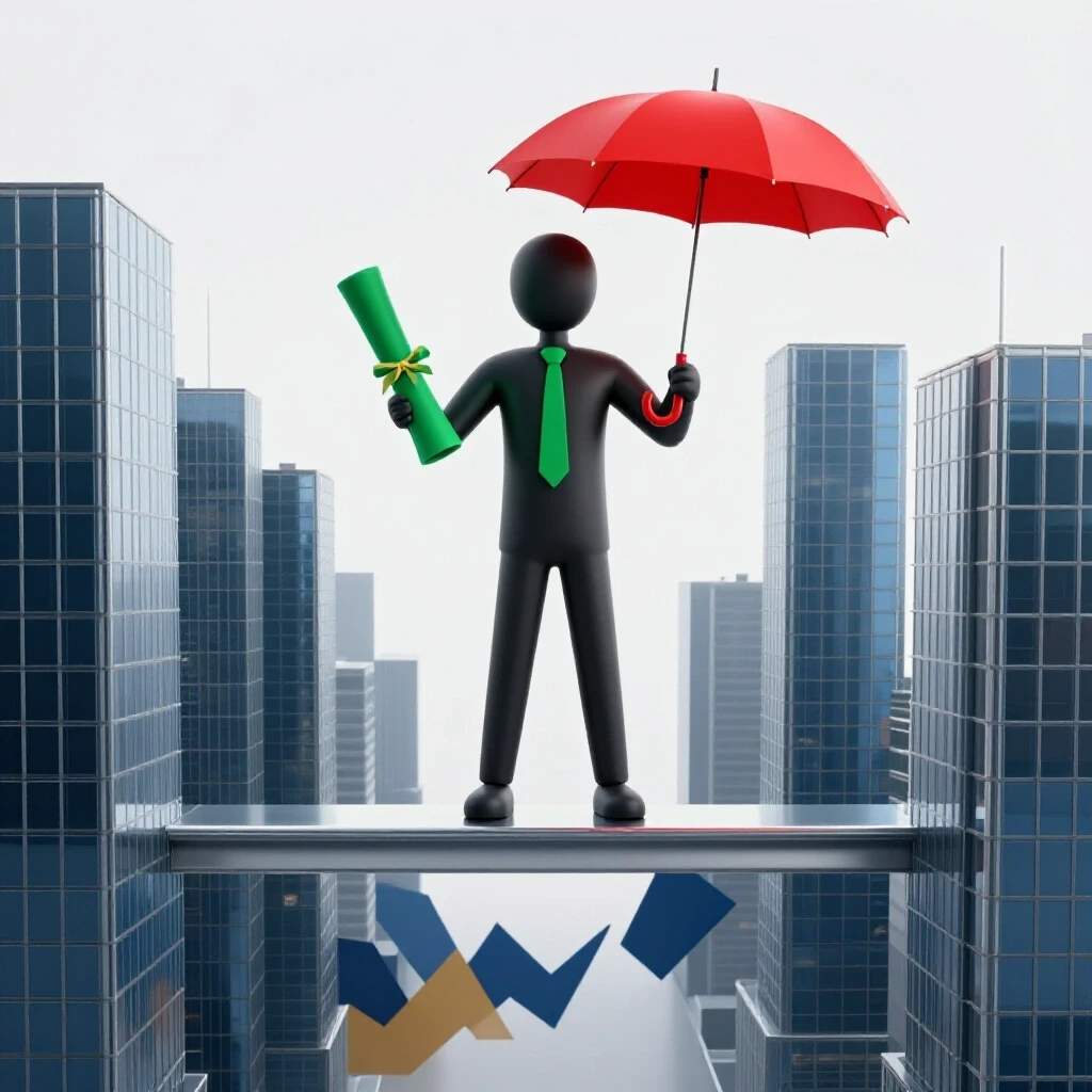 A confident figure balances on a metallic beam above a cityscape, holding a diploma and umbrella with shadows below symbolizing risk.
