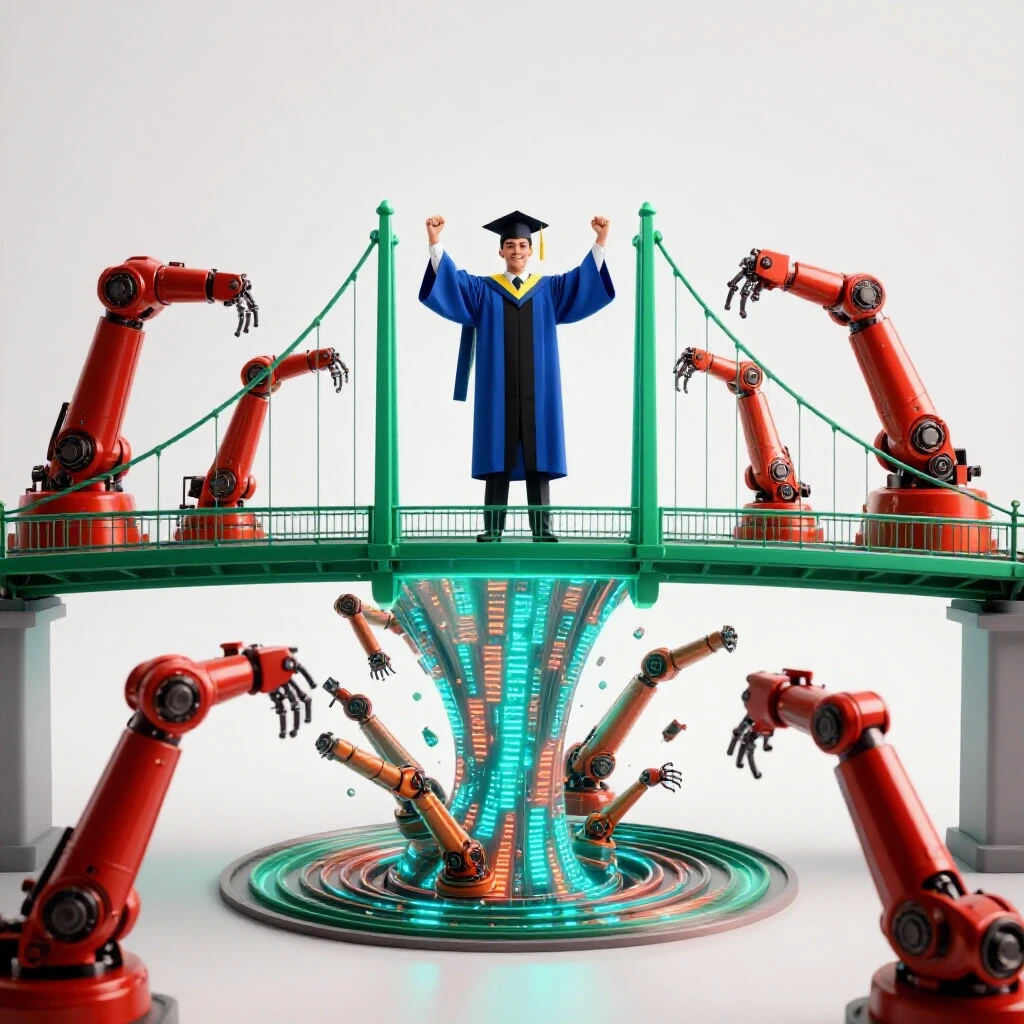 A graduate in cap and gown stands confidently on a bright bridge above swirling robotic arms and digital code.