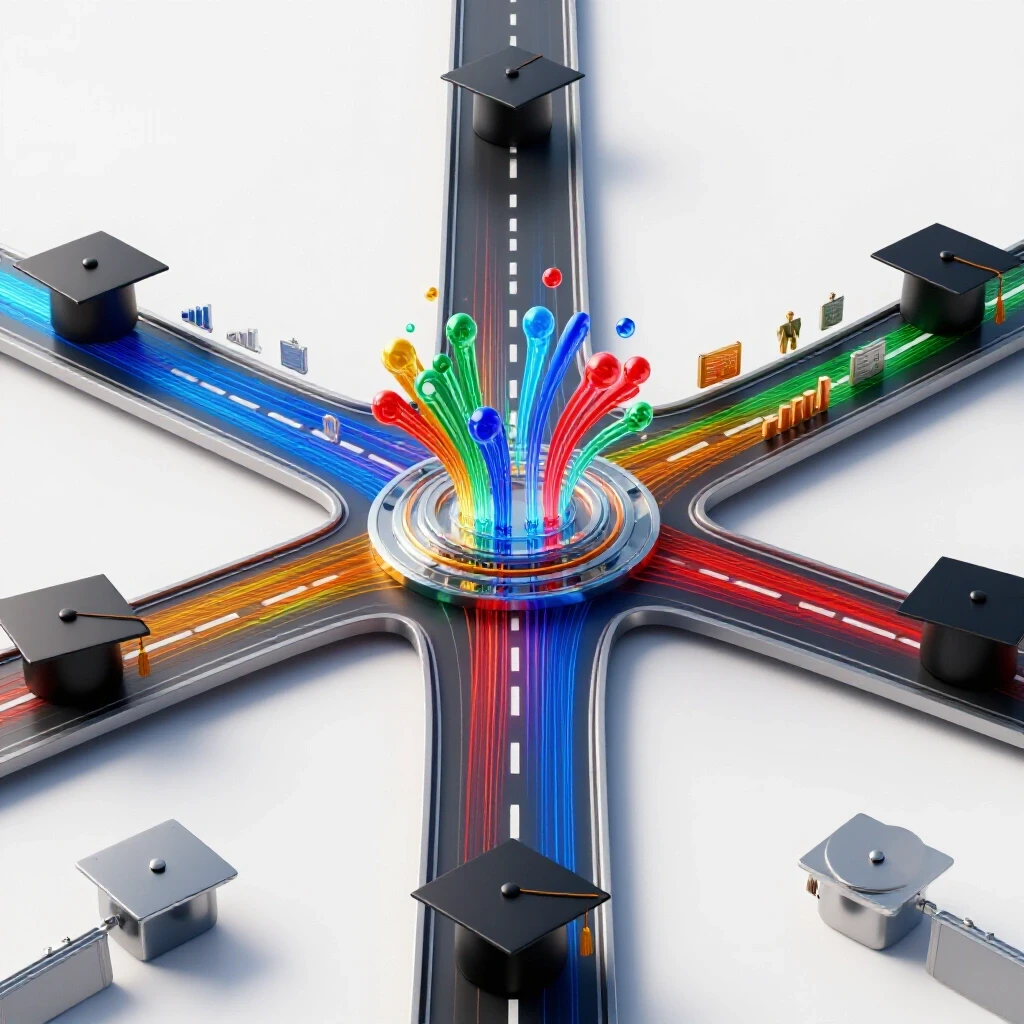Three vibrant, symbol-lined pathways converge toward a central hub brimming with business icons and data symbols on a bright white background.