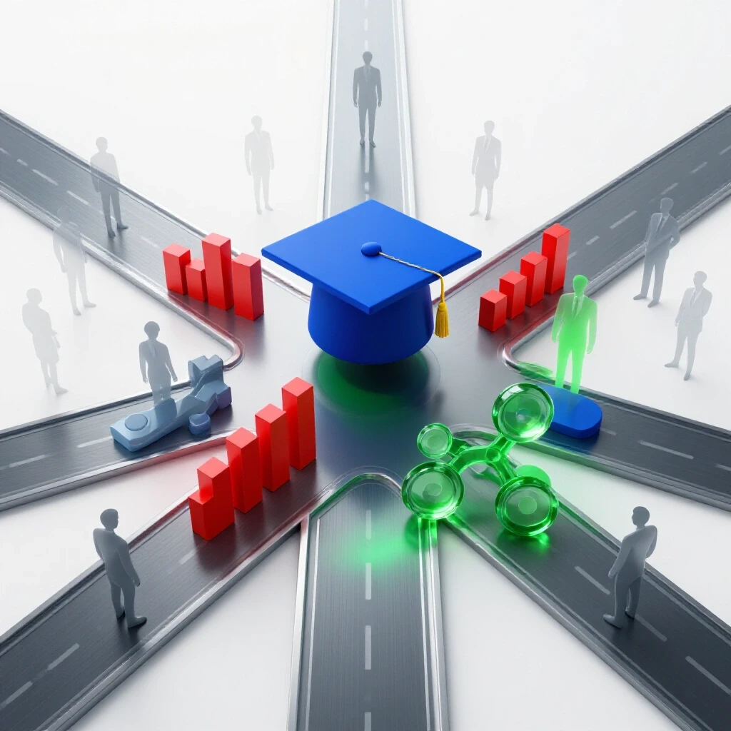 Bright crossroads with academic symbols and business icons converging toward an illuminated upward path, surrounded by professional silhouettes.
