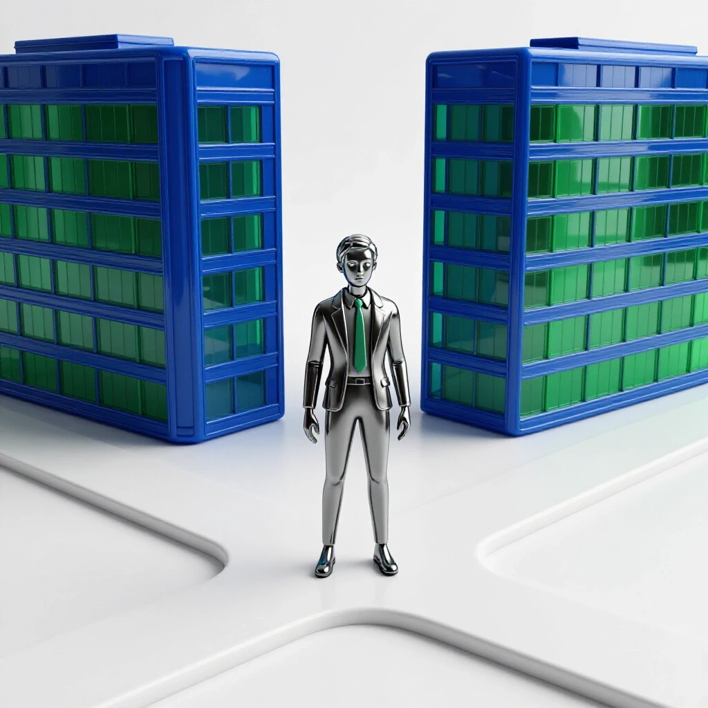 A confident glossy figure stands at a crossroads; one path leads to a sleek blue and green office, others fade away into a bright background.