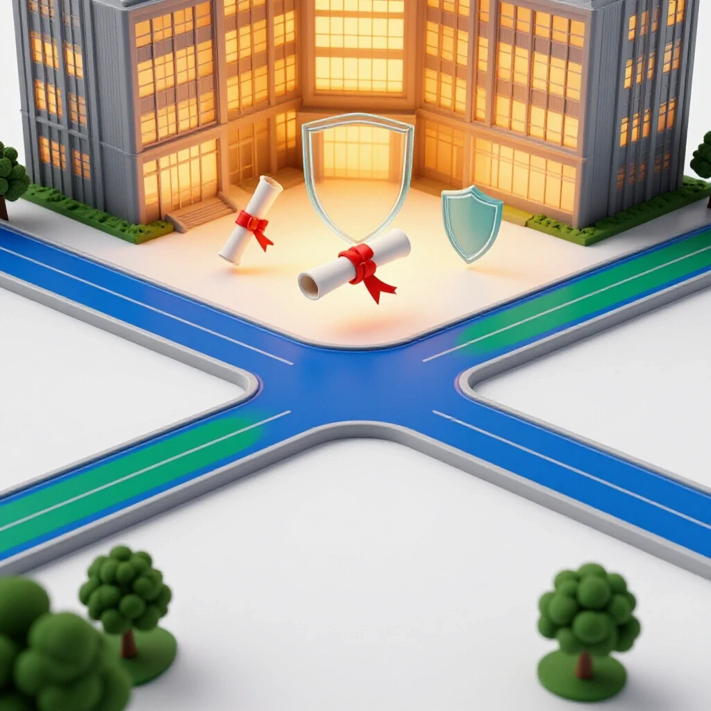 Crossroads with bold colored paths toward a modern office, diplomas and shield icons suggesting secure insurance careers.