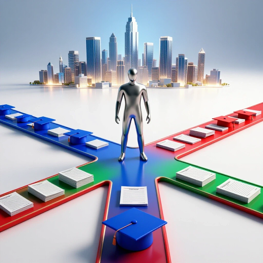 Confident figure at crossroads paved with graduation caps and financial documents leading to a bright city skyline