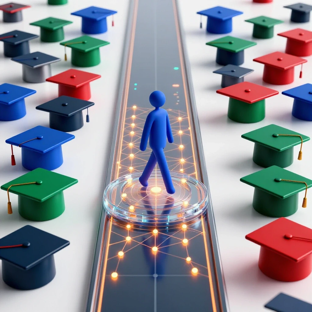 A pathway of colorful graduation cap icons leads to a glowing digital platform with bright network nodes, symbolizing a confident career switch to information systems.