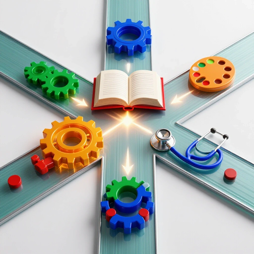 Bold colored career symbols exchanging on illuminated crossroads, highlighting versatile degree pathways.