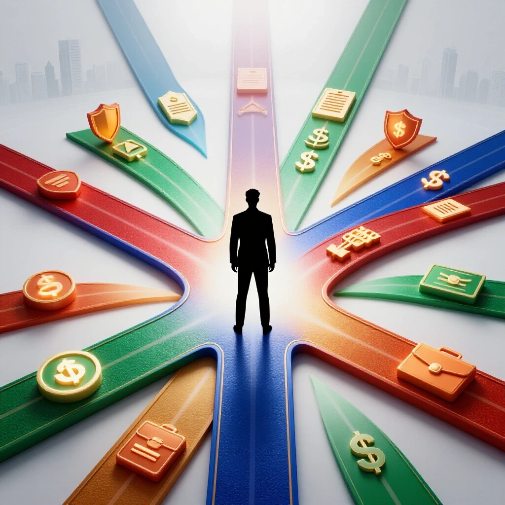 Abstract crossroads with glowing colored insurance symbols, radiant city skyline, and glossy pathways on a bright background.