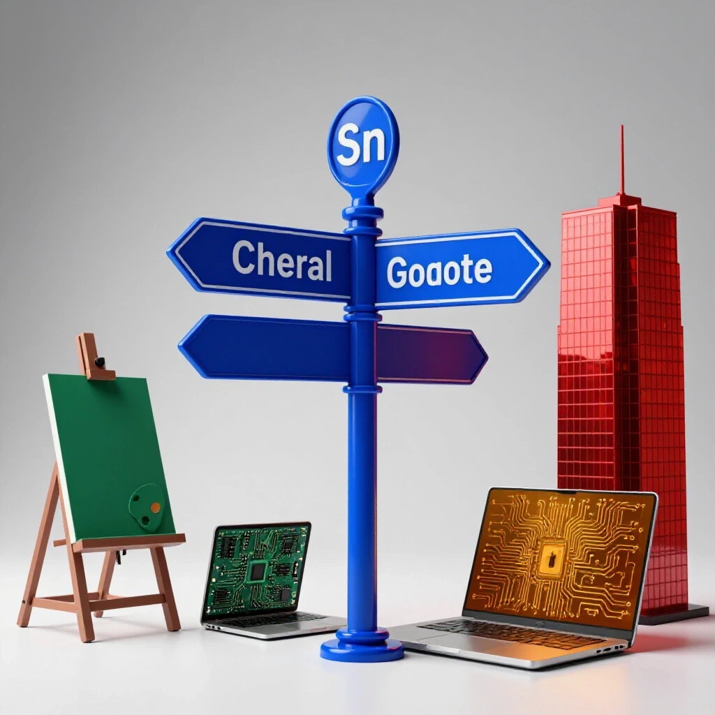Glossy crossroads sign surrounded by art studio, tech hub, and corporate office symbols in vivid colors
