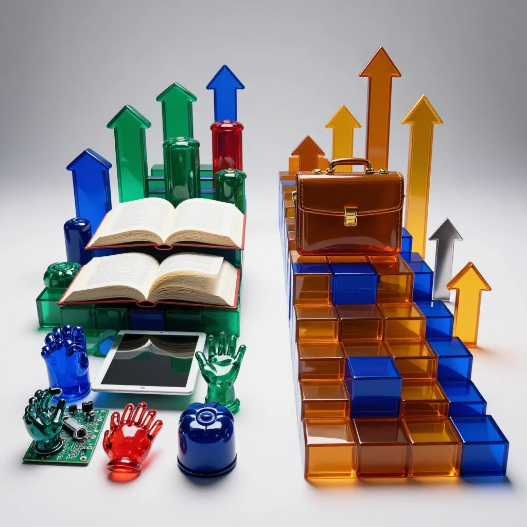 Split scene showing vibrant learning tools transitioning to luminous career symbols on a bright studio background.