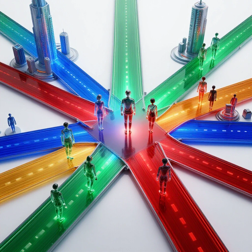 Dynamic crossroads with glowing, colorful pathways leading to futuristic cityscapes representing AI careers.