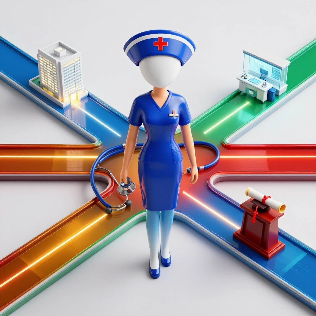 A nurse's symbol at a crossroads with illuminated pathways leading to diverse healthcare career options.