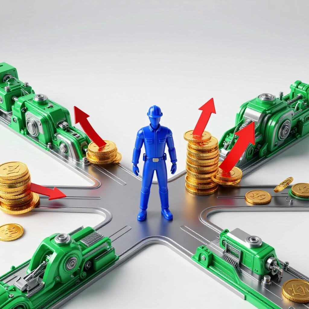 Industrial engineer at crossroads with advanced machinery and gold coins symbolizing career and ROI.
