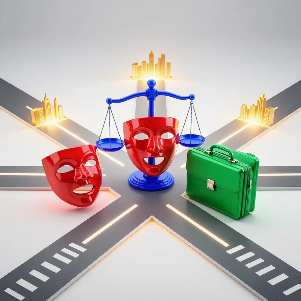 Vivid symbolic objects for law, business, and arts at a crossroads, with radiant paths leading to a golden skyline, set on a bright background.