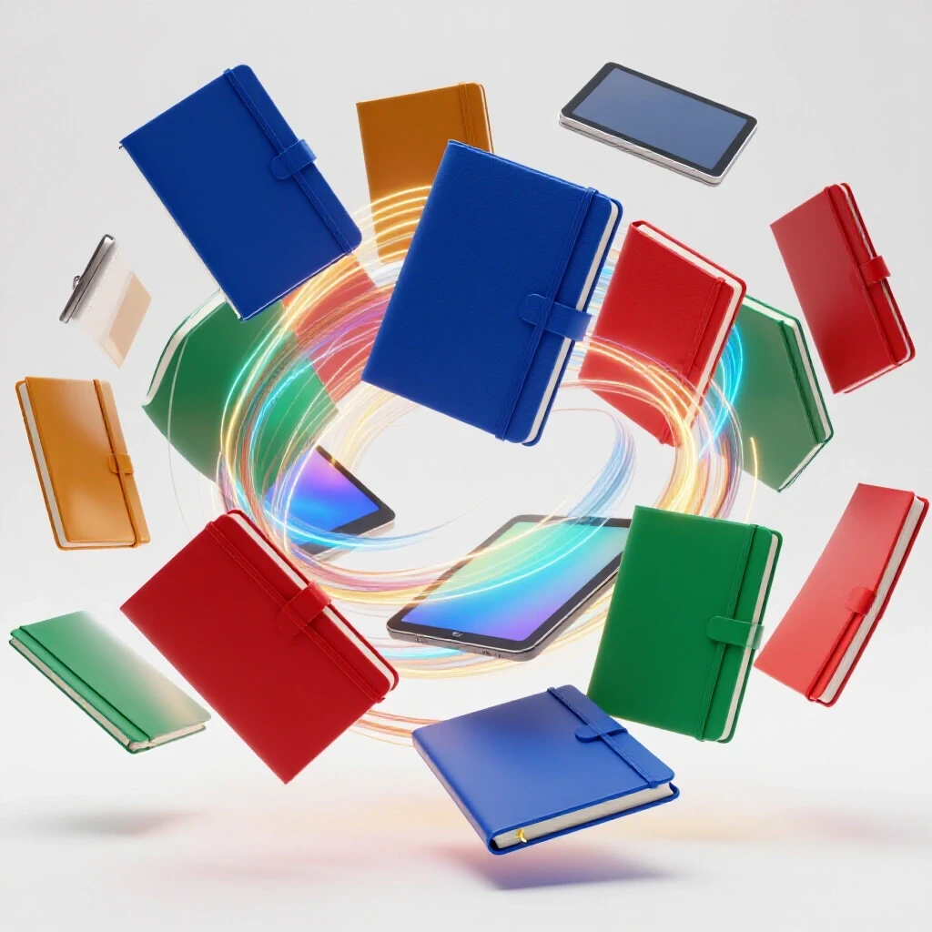Colorful notebooks and digital tablets intertwined by glowing patterns on a bright studio background