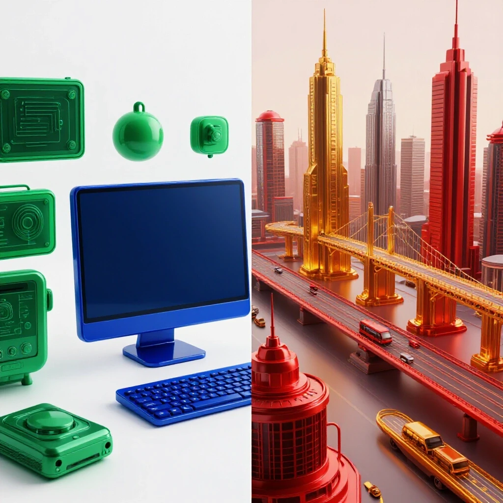 A vibrant split scene with a modern computer and learning tools on one side and a futuristic engineering city on the other.