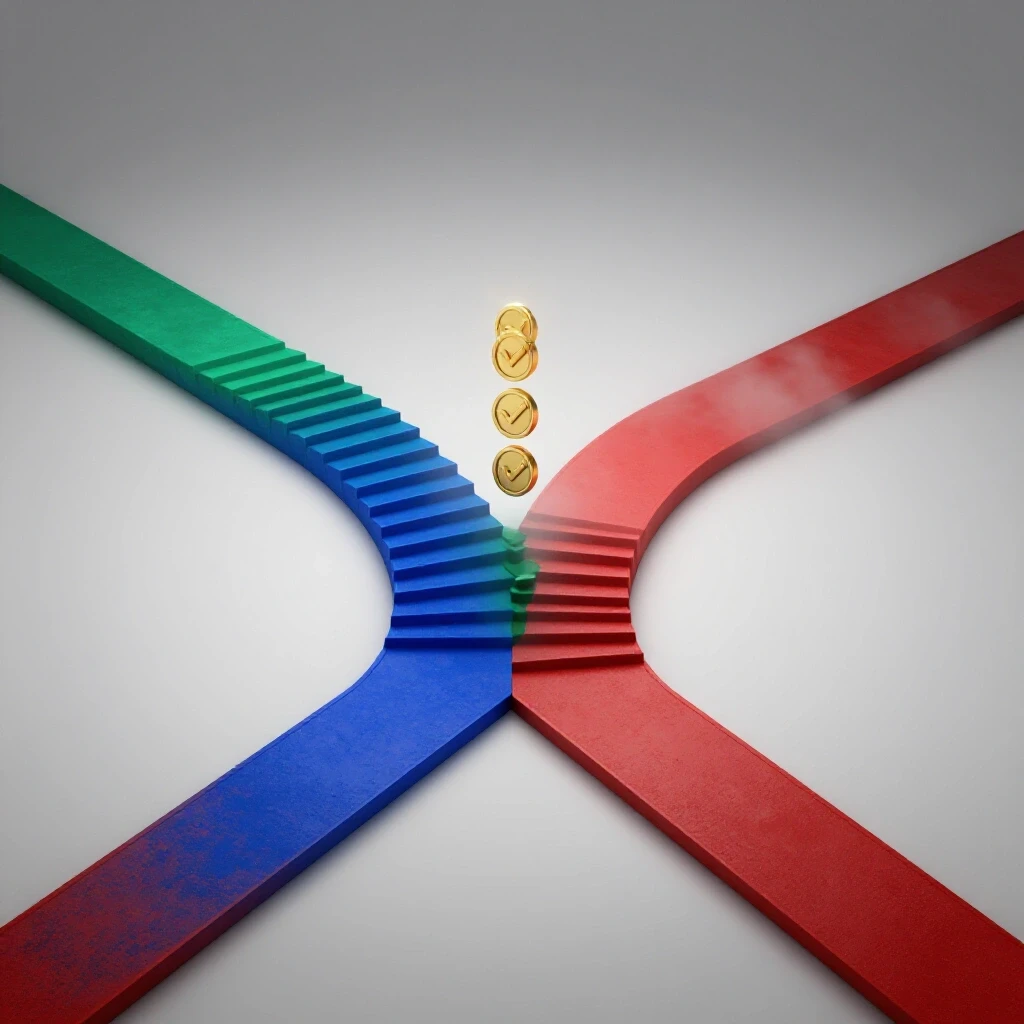 Glossy crossroads with one path showing radiant blue steps, gold achievement symbols, and another fading into uncertainty, all on a luminous background.