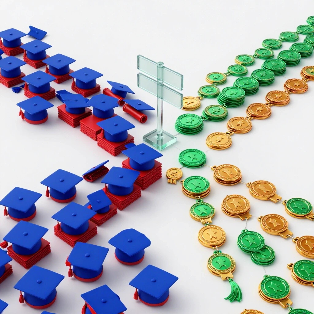 Bright crossroads featuring academic caps, diplomas, skill badges, and certification medals on diverging paths.