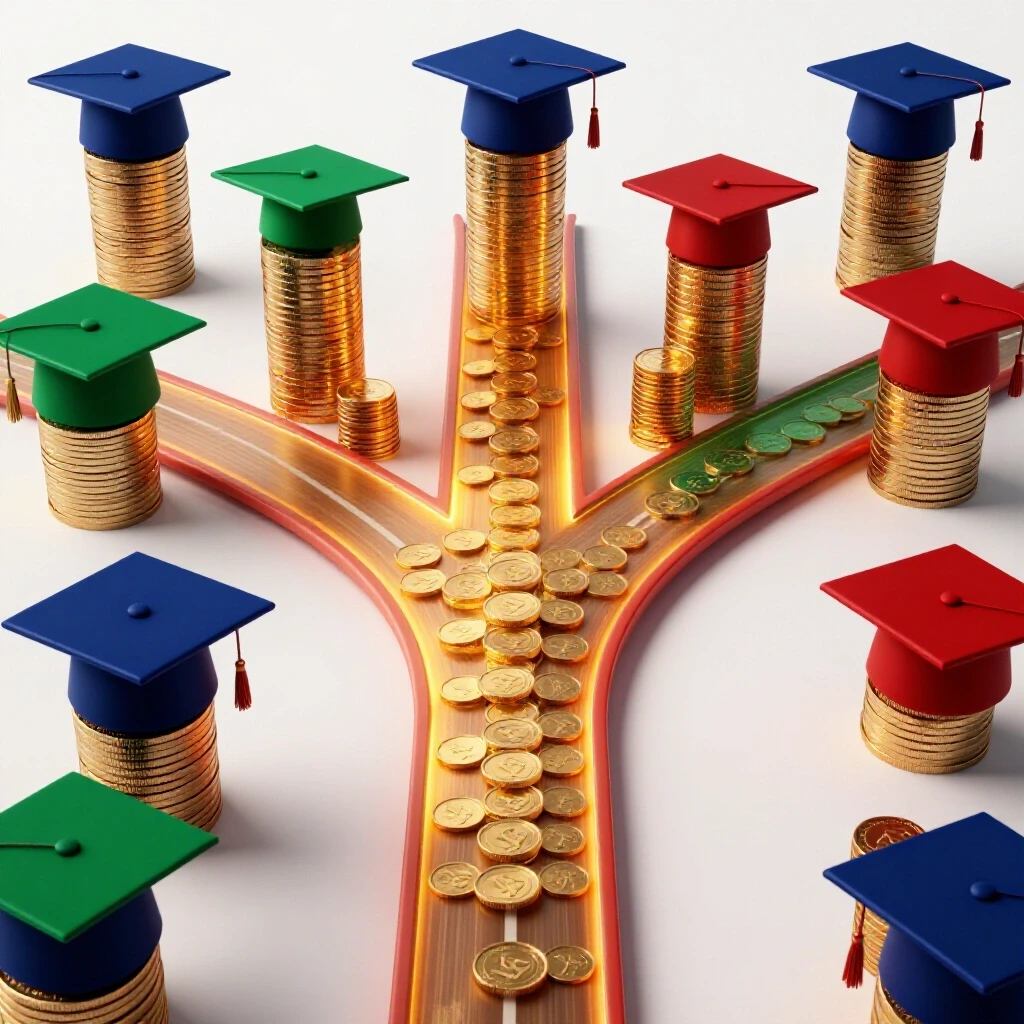 Glossy academic caps at a crossroads morph into coin stacks, with one illuminated path promising the highest rewards.