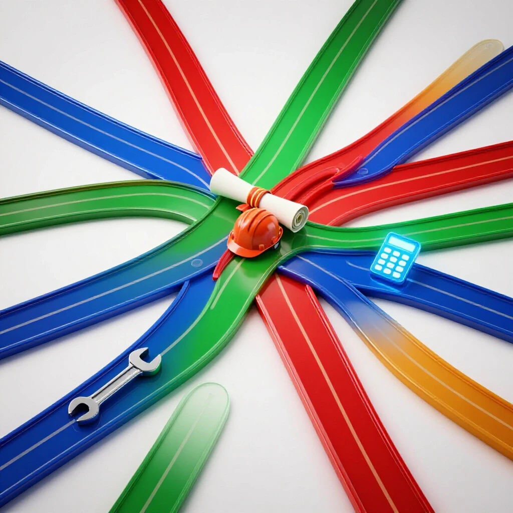 A bright crossroads with vivid colored paths leading to iconic trade tools like a wrench, diploma, helmet, and calculator.