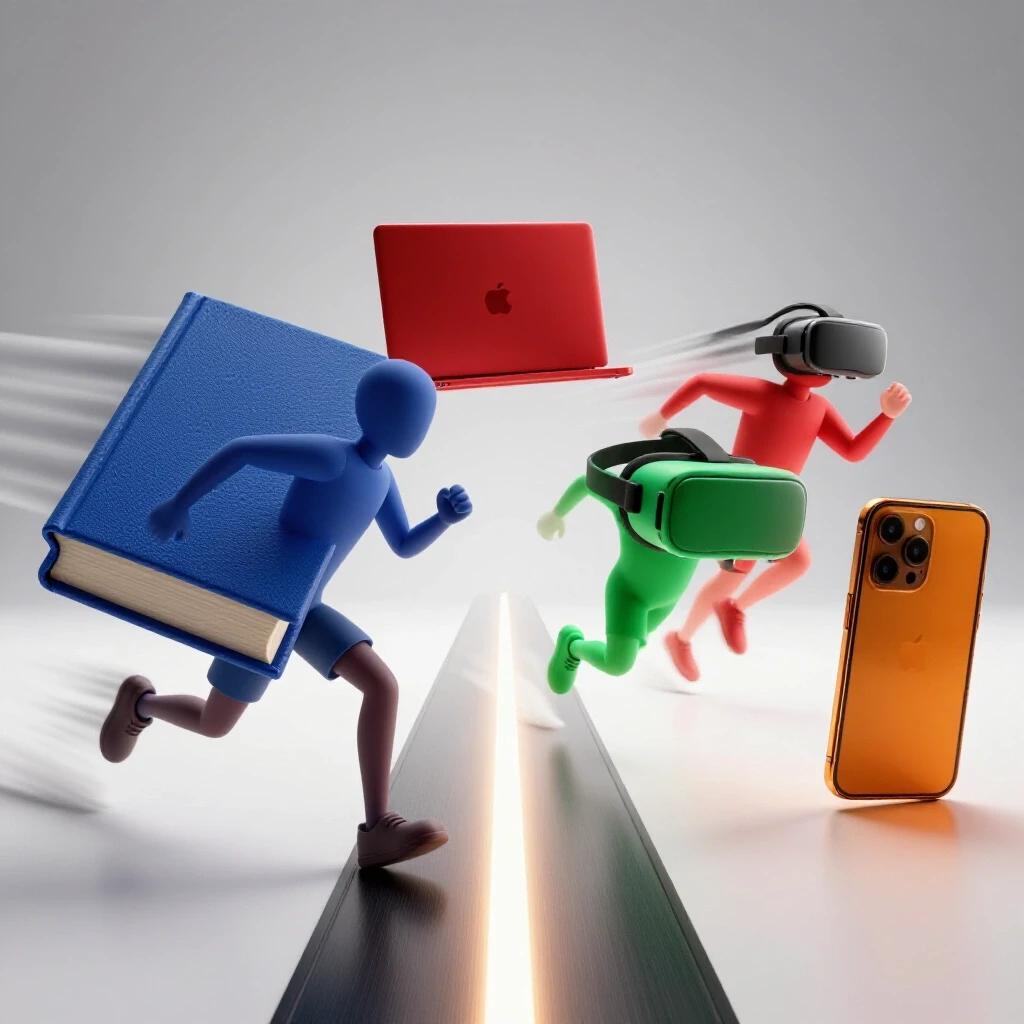 Books, laptop, VR headset, and smartphone depicted as racing runners dashing toward a glowing finish line in a clean, bright setting.