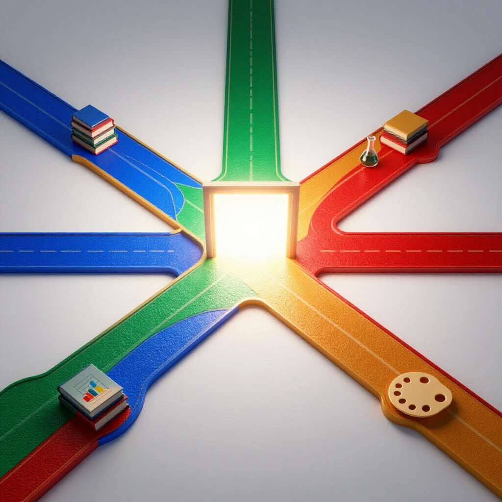 Colorful academic pathways converge at a crossroads toward a glowing gateway, symbolizing graduate school choices.