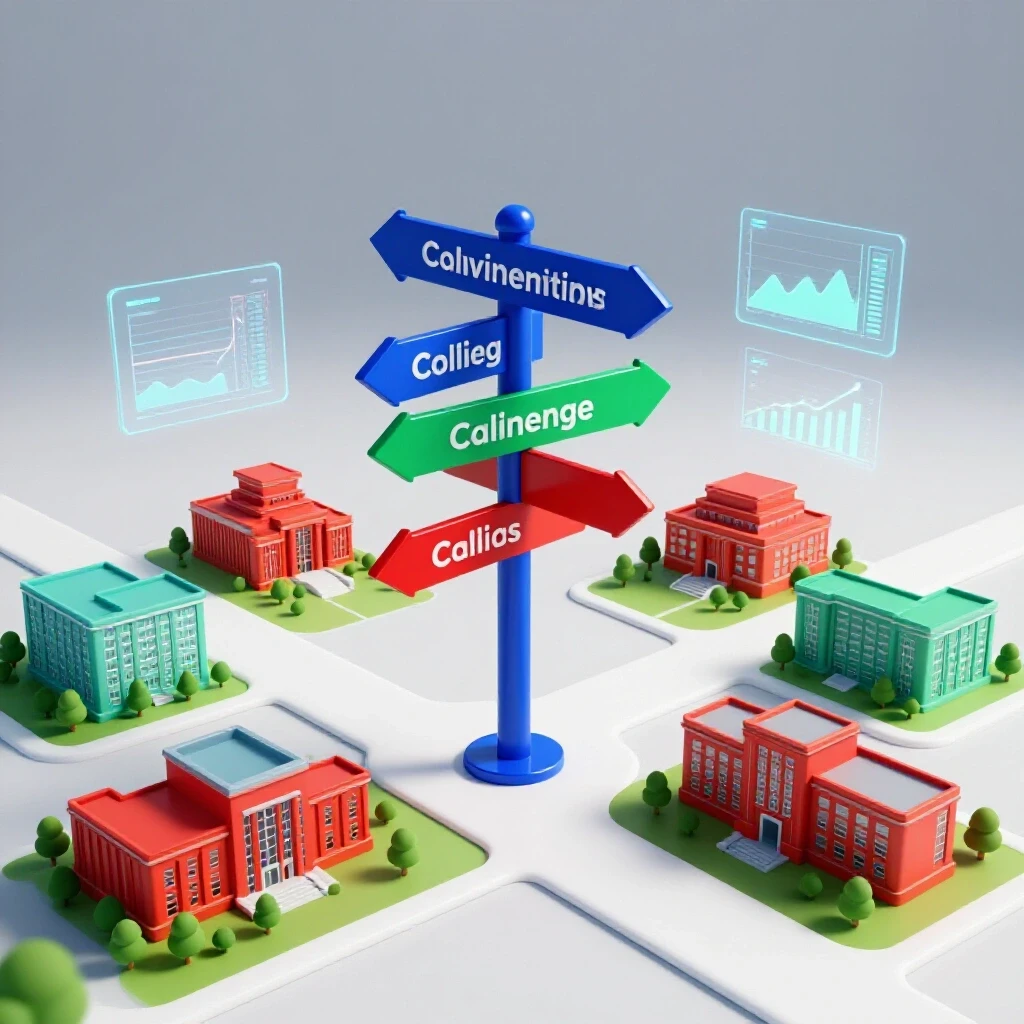 Glossy 3D signpost at a crossroads with colored arrows pointing toward college campuses, surrounded by glowing data charts.