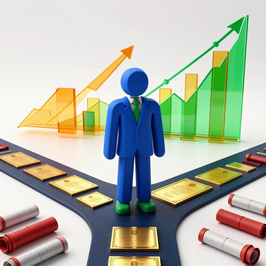 Central figure at crossroads with gold certificates and fading diplomas, backed by upward-trending graphs