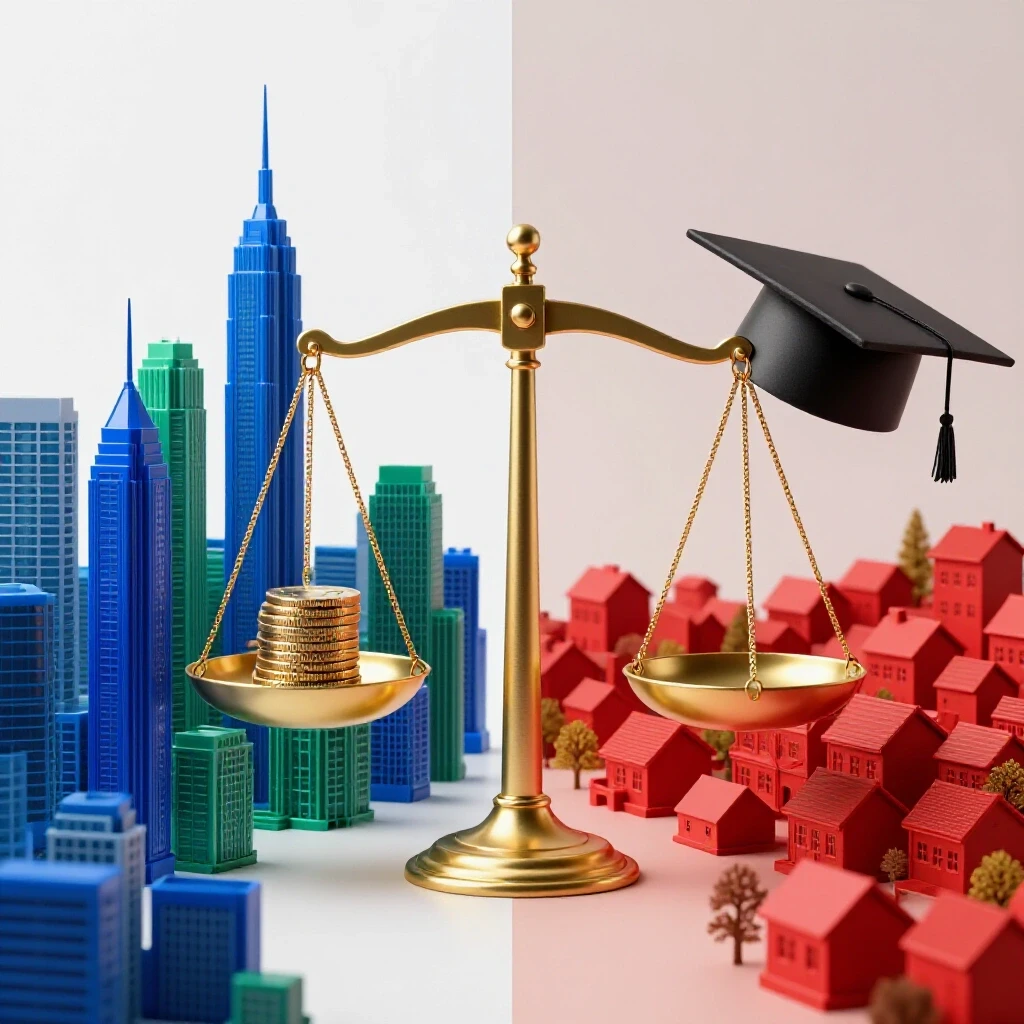 Split scene of big city skyscrapers and small town houses with a golden scale holding money and graduation cap, symbolizing ROI.